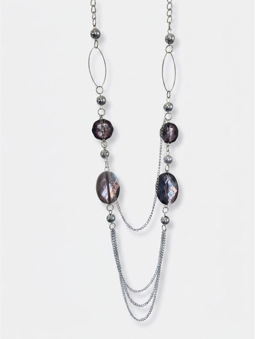 Long Purple Faceted Bead Silver Tone Multi Chain Statement Necklace 44" Y2K